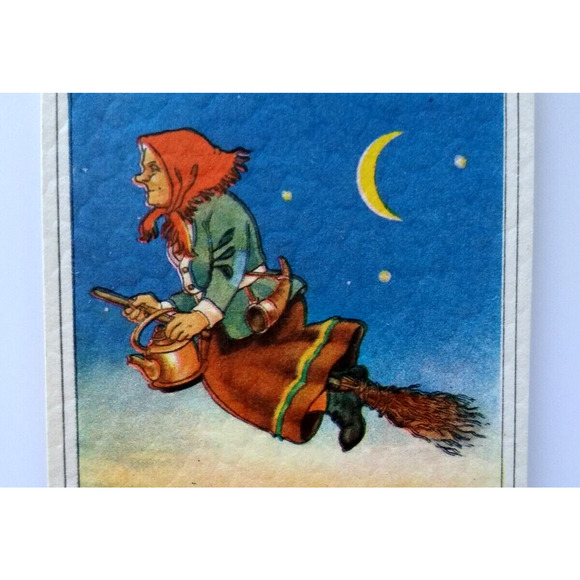 Easter Witch Postcard Fantasy Glad Pask Riding Broom Crescent Moon Stars Sweden - Picture 1 of 3